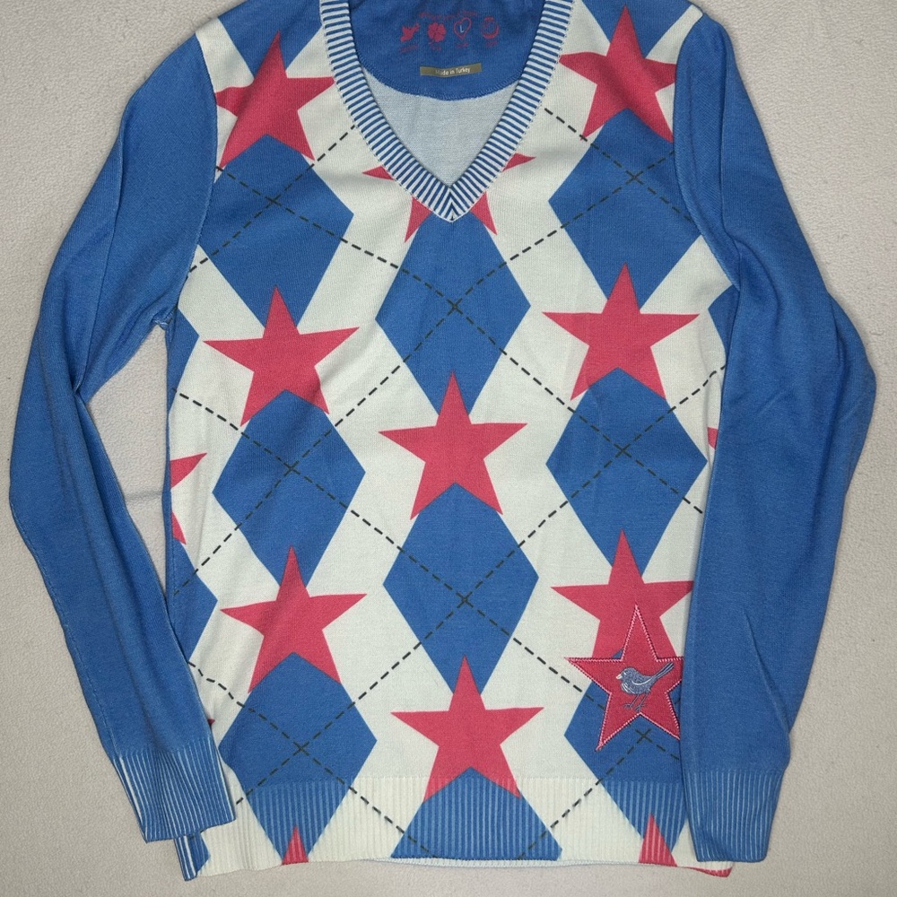 Vibrant Blue and Pink Star V-Neck Sweater